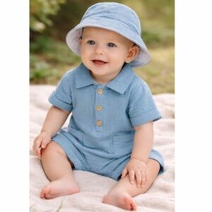 Liam & James Baby Romper‎ Hat Set 3–6M Blue Cotton Short Sleeve NWT